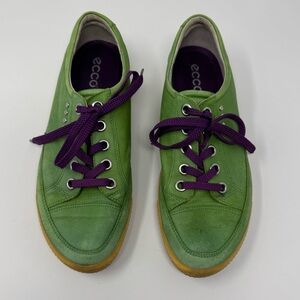 ECCO Soft Leather Sneakers sz 39 Green Purple, lace up, casual colorful eclectic